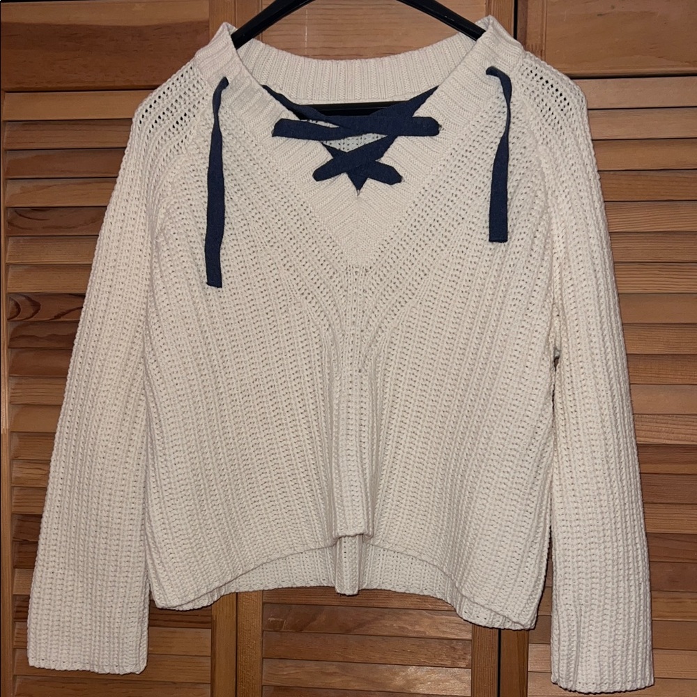 Aerie Cream V-Neck Sweater with Navy Ties